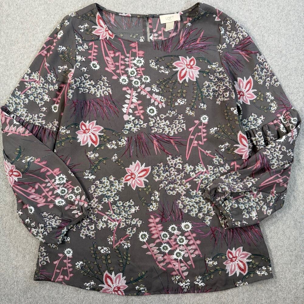 LOFT Outlet Women's Small Sheer Charcoal Pink Floral Long Sleeve Blouse Top